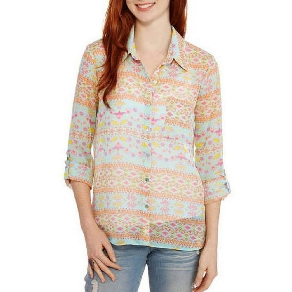 No Boundaries Boho Colorful Fly Away Lightweight Button Down Top